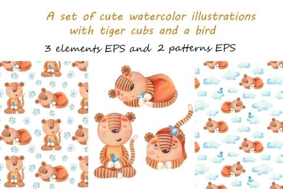 Adorable Tiger Cubs and Bird: Charming Watercolor Illustrations