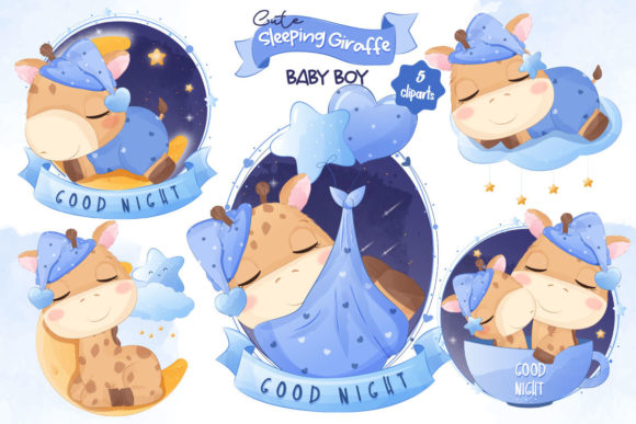 Sleeping Giraffe Baby Boy Illustrations for Nursery Design