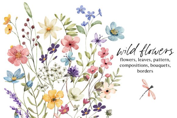 Wild Flowers, Butterflies and Dragonfly: A Watercolor Design Set
